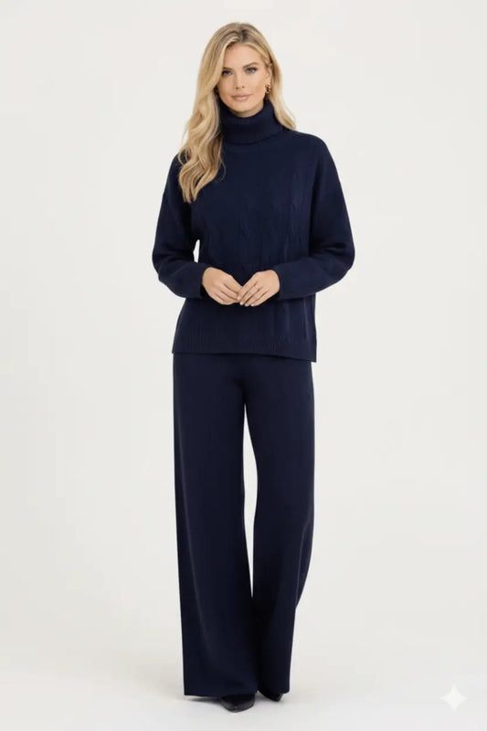 Tuta donna in lana rasata completo trecce blu maglia e pantaloni a palazzo