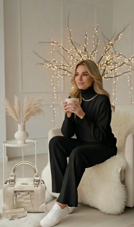 Tuta donna in lana rasata nero completo maglia collo alto e pantaloni a palazzo