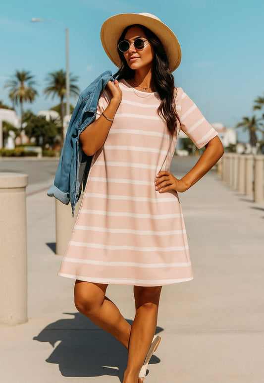 Vestito donna estivo rosa , manica corta girocollo