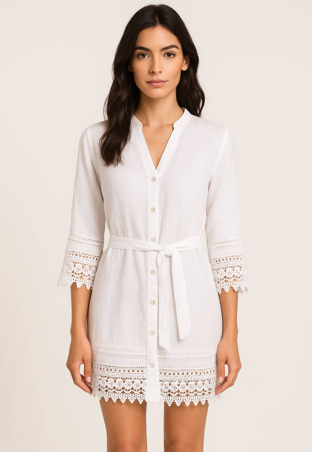 Vestito estivo donna Abito Stile Positano colore bianco in lino e pizzo Made in Italy Cashmere Company, per le passeggiate e le sere d' estate