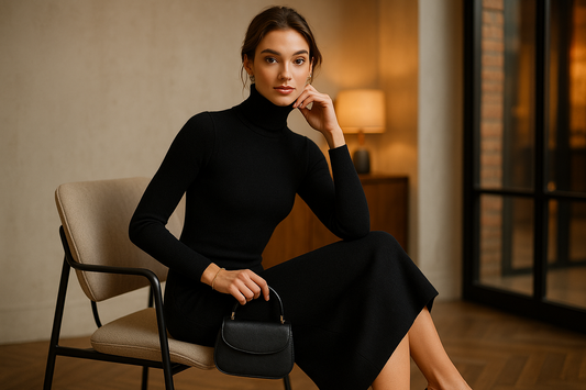 Vestito nero lungo donna dolcevita lana rasata 