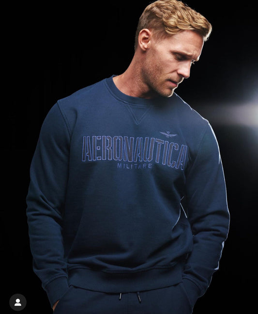 aeronautica militare felpa uomo blu girocollo, cotone 