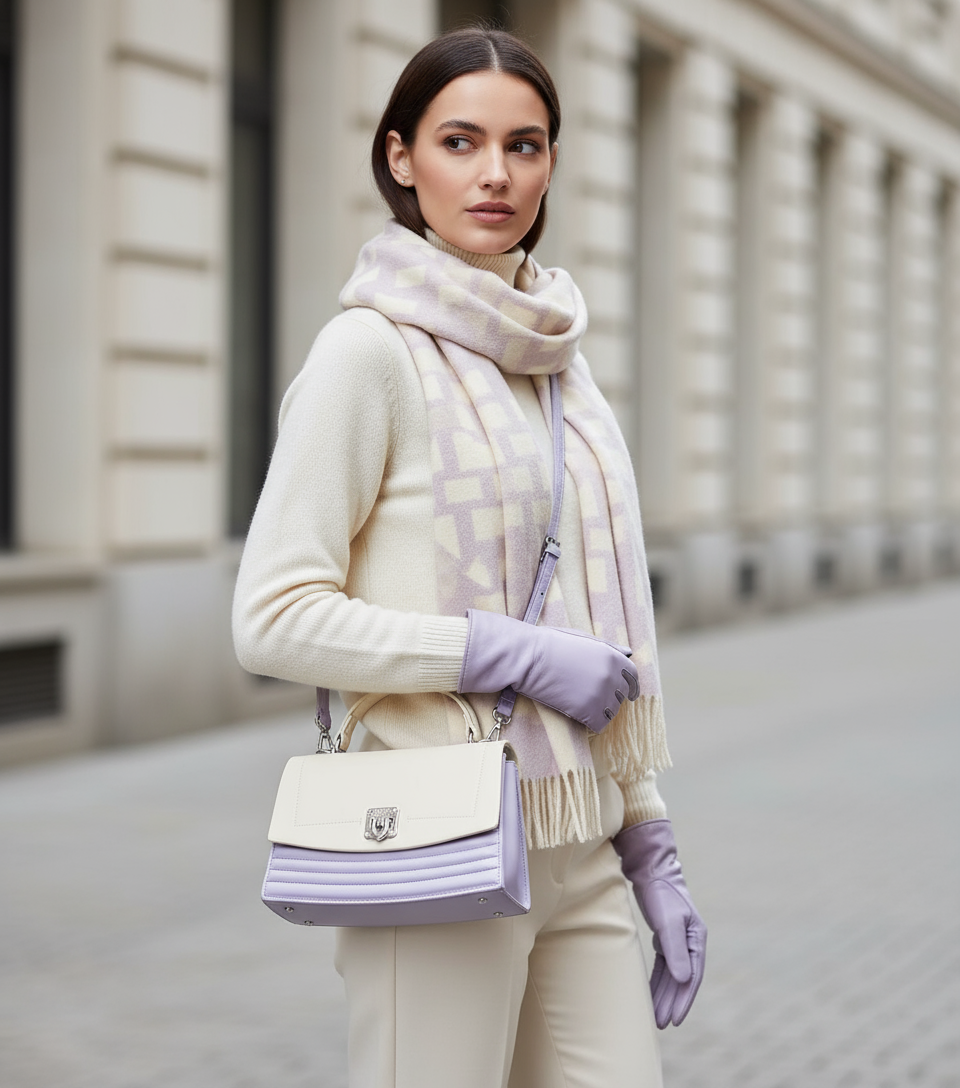 Borsa Coveri panna e lilla portata a tracolla con outfit invernale