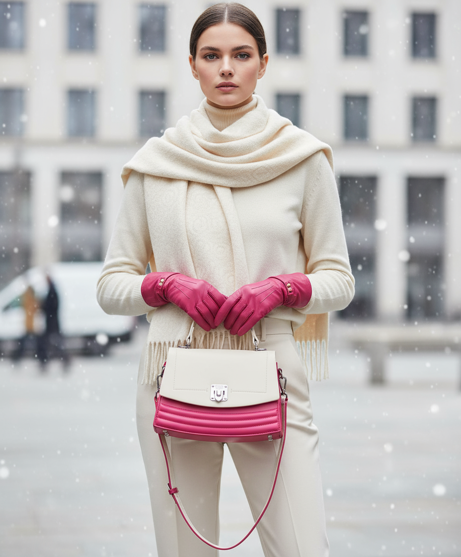 Borsa Coveri portata a mano con outfit invernale