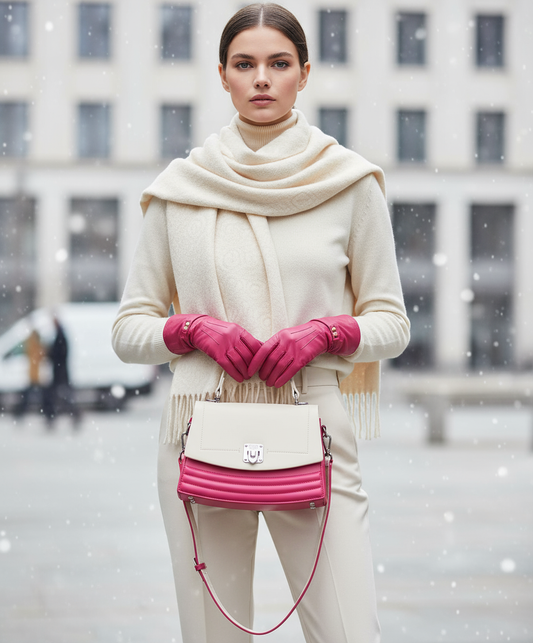 Borsa Coveri portata a mano con outfit invernale