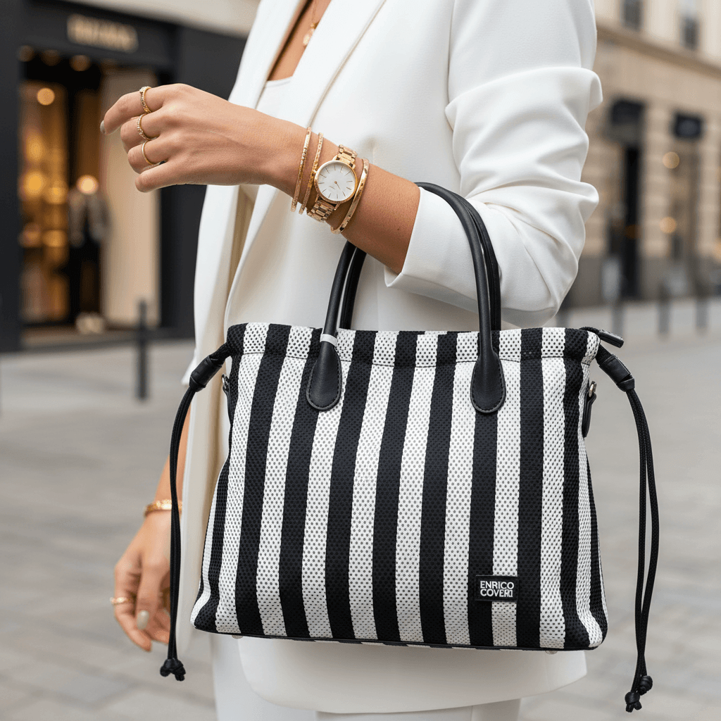 Borsa donna bianco e nero a strisce Enrico Coveri, con manico e tracolla , scomparti interni