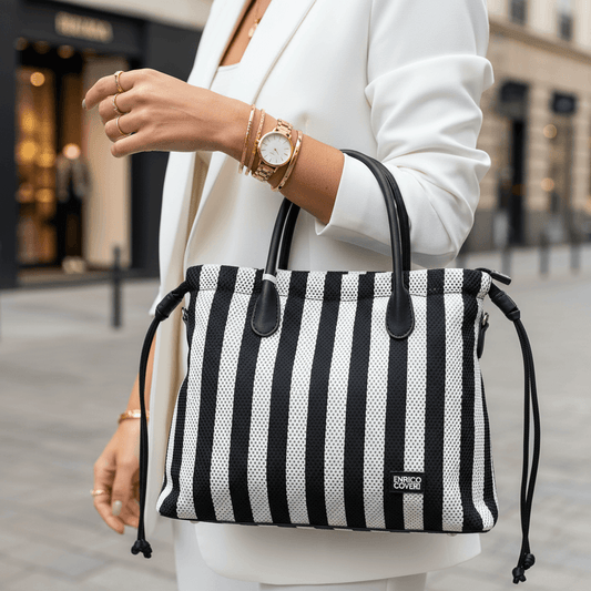 Borsa donna bianco e nero a strisce Enrico Coveri, con manico e tracolla , scomparti interni