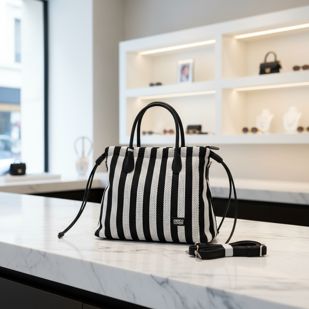 Borsa Enrico Coveri righe sul bancone negozio