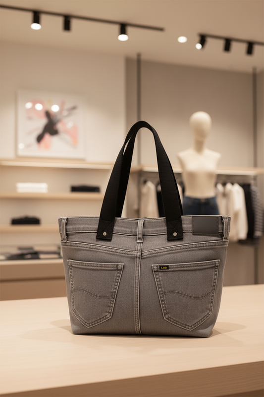 Borsa jeans grigia esposta in negozio