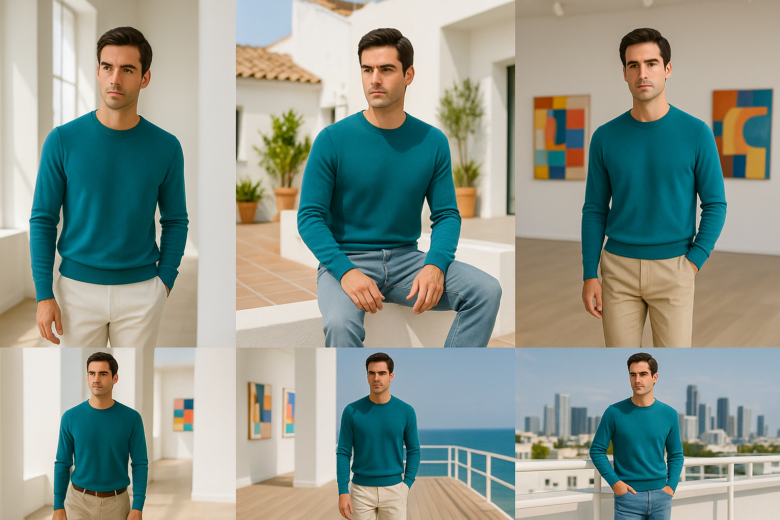Bright and airy poses with blue sweater