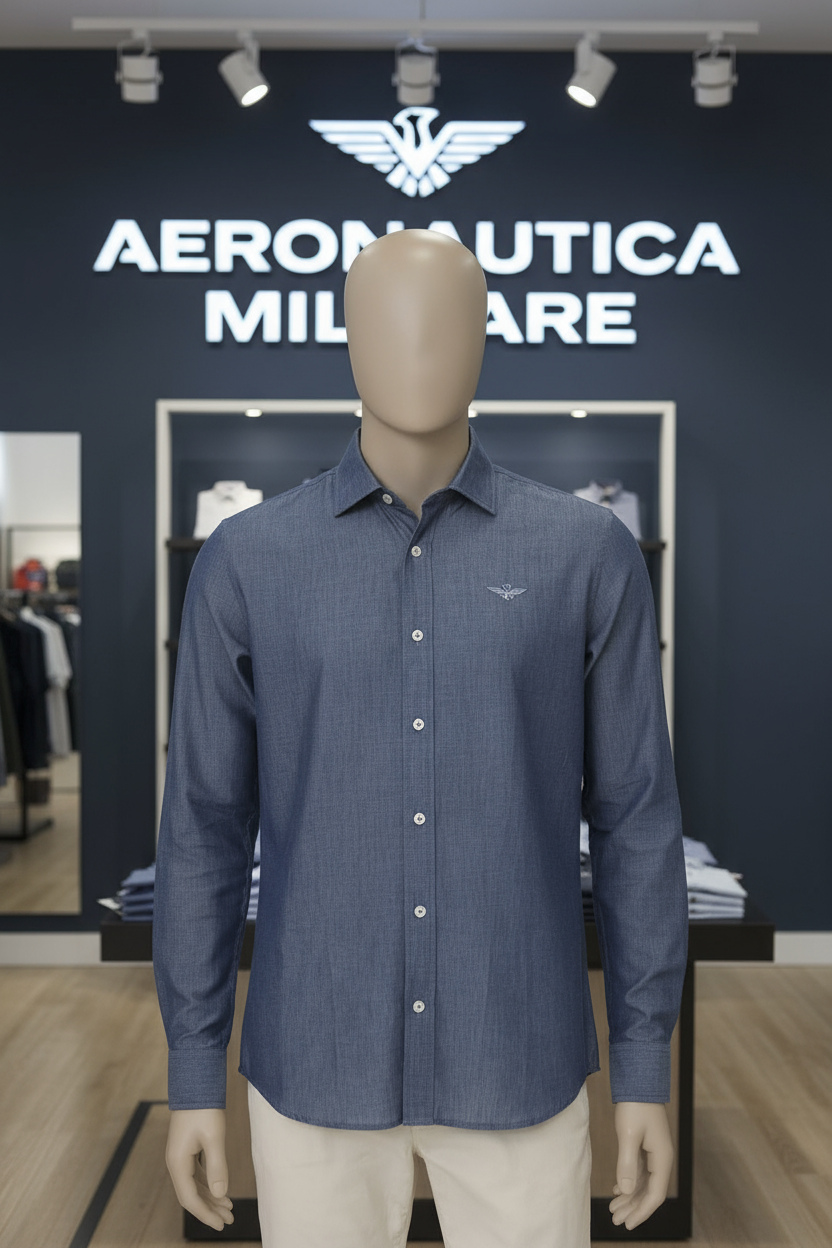 Camicia Chambray intera in esposizione con logo Aeronautica Militare
