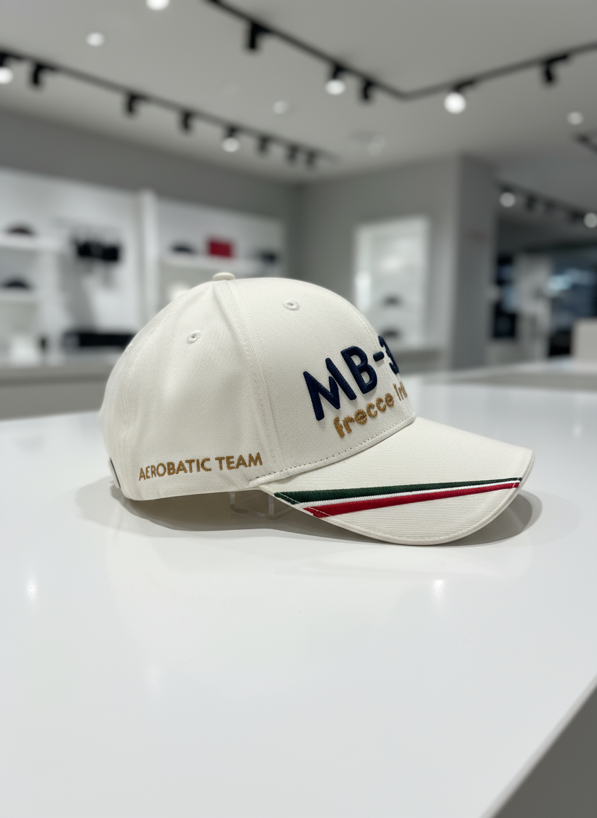 Cappellino MB-339 beige banco negozio vista laterale