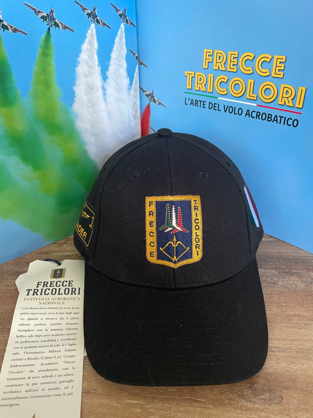 Cappellino uomo Aeronautica Militare Frecce Tricolori Nero in cotone con visiera regolabile .