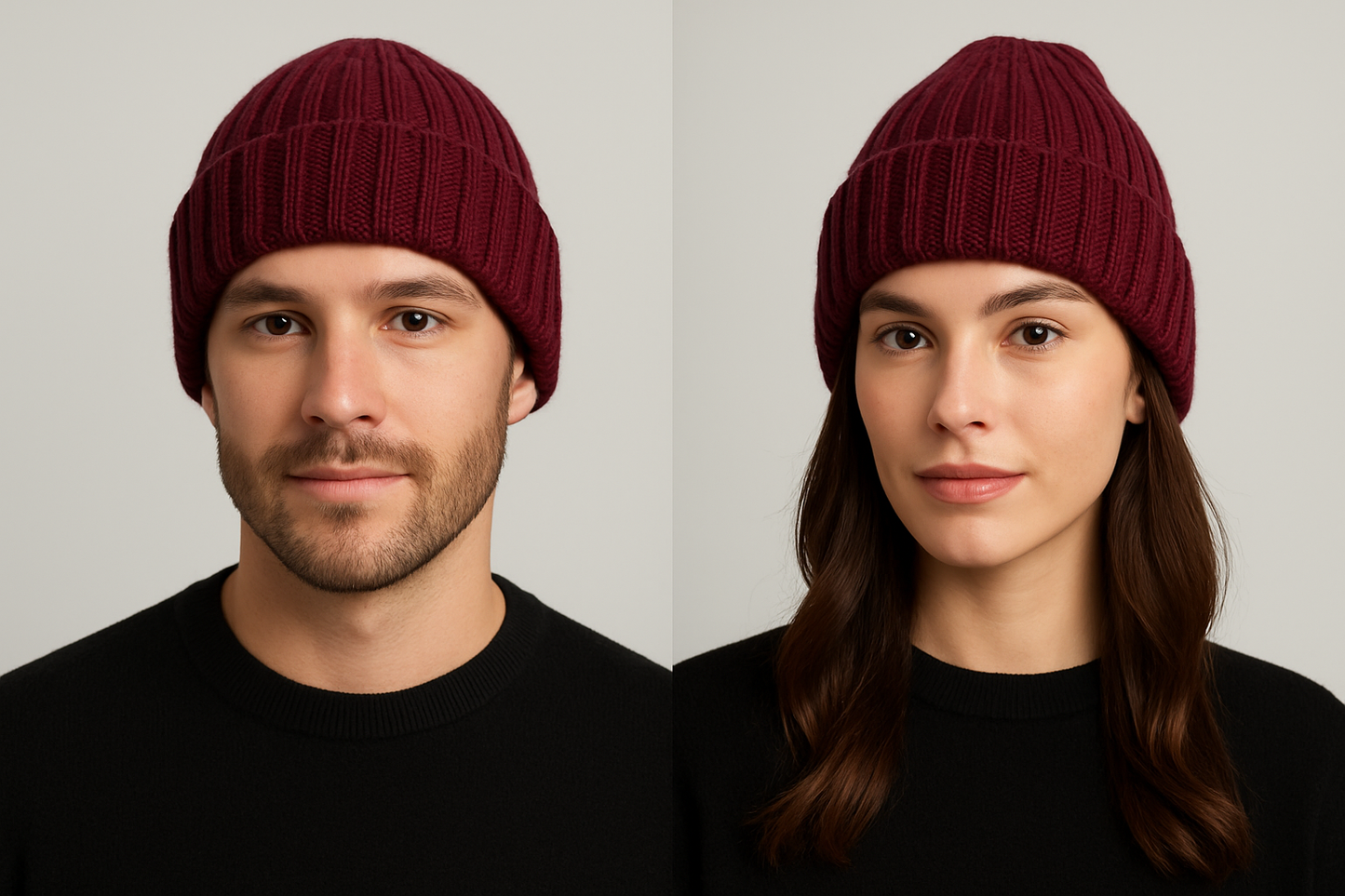 Cappello Cashmere Company bordeaux indossato da uomo e donna
