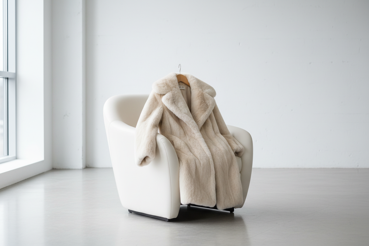 Cappotto eco pelliccia beige sabbia su sedia