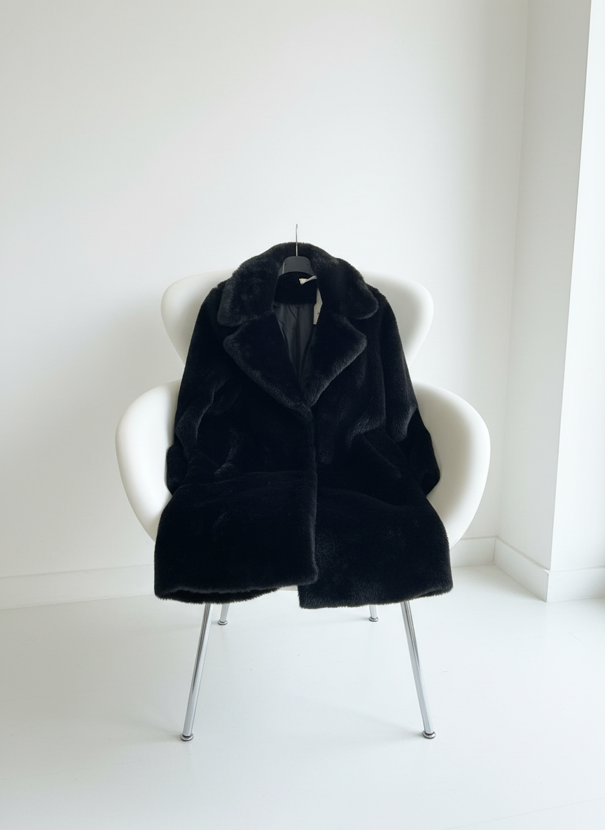 Cappotto eco pelliccia nero su gruccia