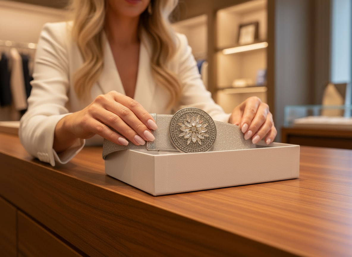 Cintura argentata con donna elegante bionda