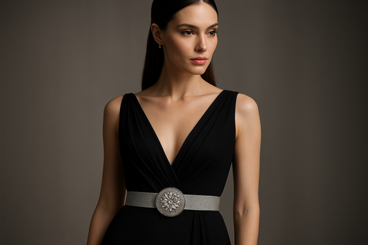 Cintura gioiello argento indossata da modella elegante