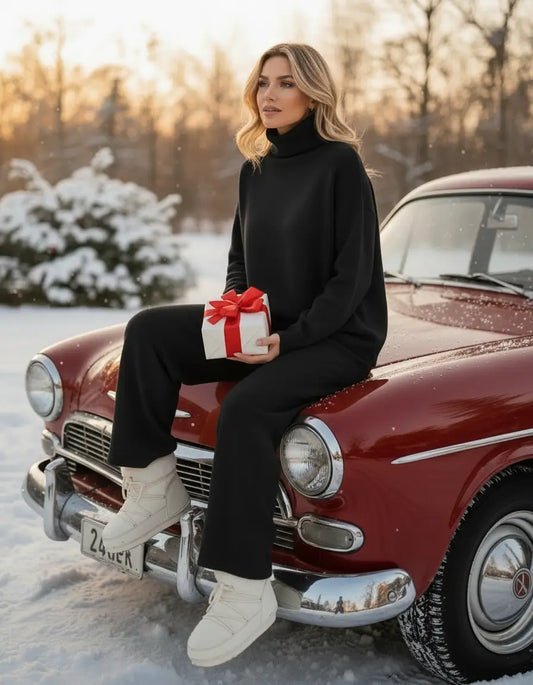 Tuta Donna Lana Rasata Completo Collo Alto Pantalone Palazzo Elegante