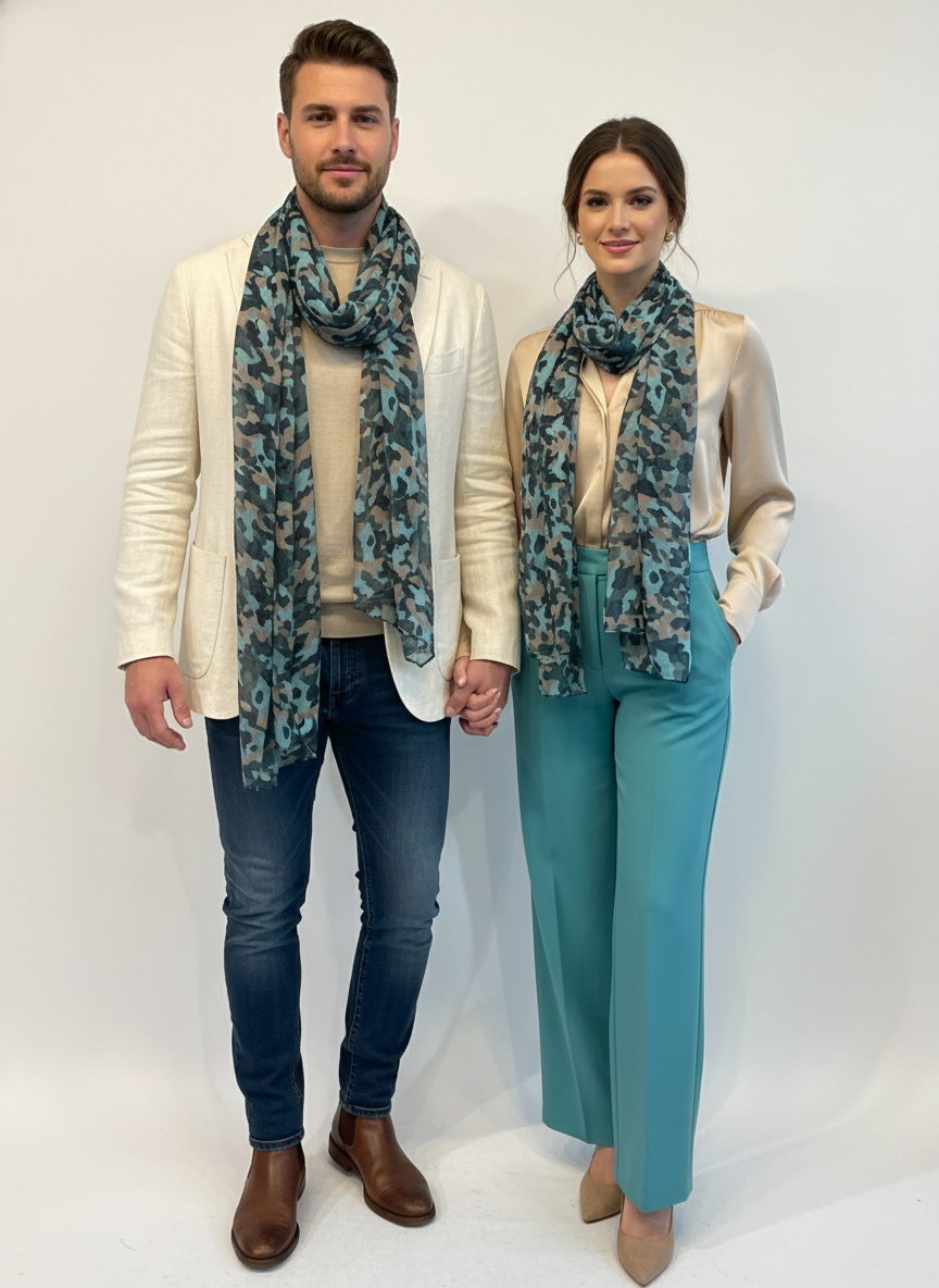 Coppia con sciarpe camouflage turchese