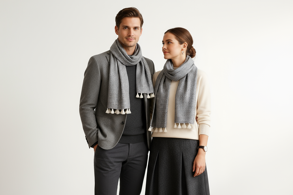 Coppia con sciarpe zigzag grigie