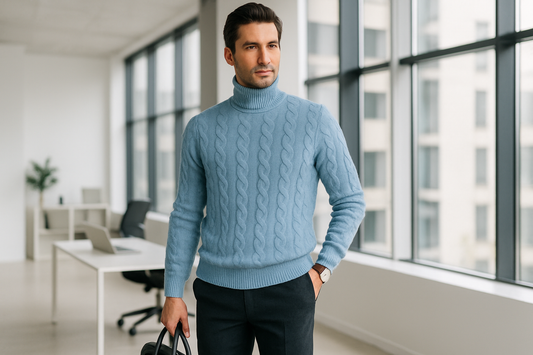 Dolcevita a trecce azzurro indossato da modello moro in ufficio