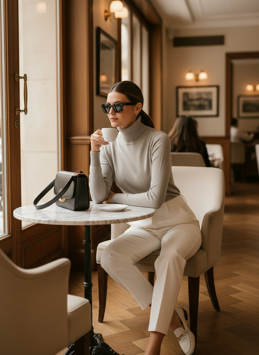 Dolcevita tortora con pantaloni bianchi