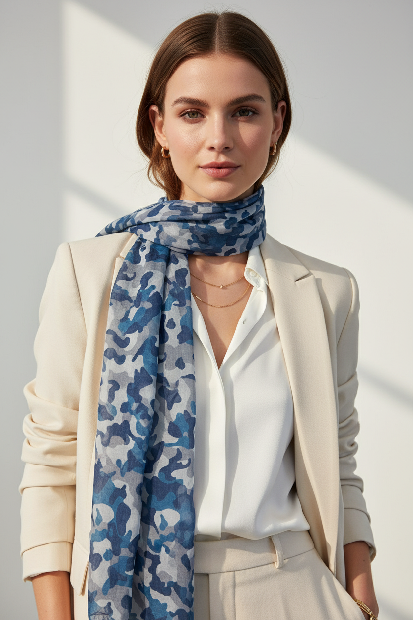 Donna con sciarpa camouflage al collo