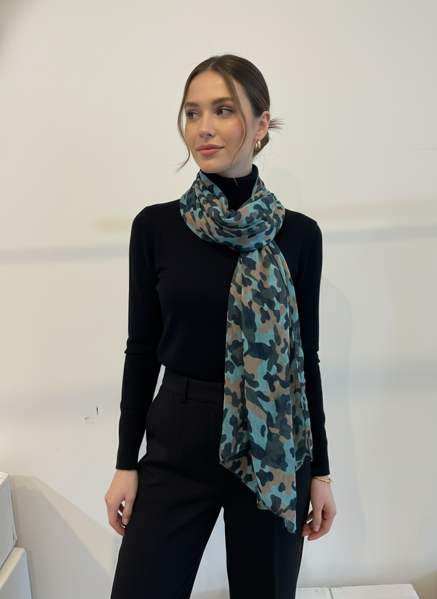 Donna con sciarpa camouflage turchese al collo