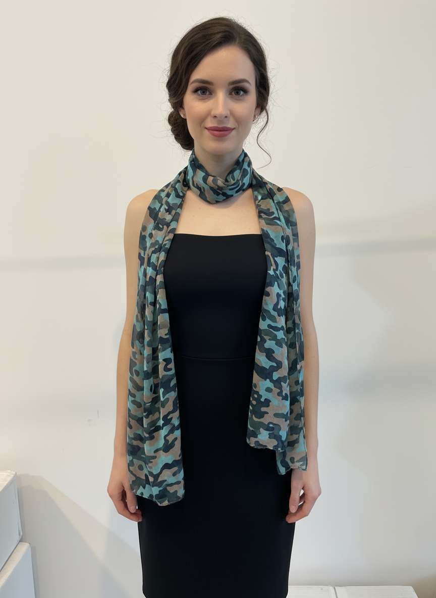 Donna con sciarpa camouflage turchese sulle spalle