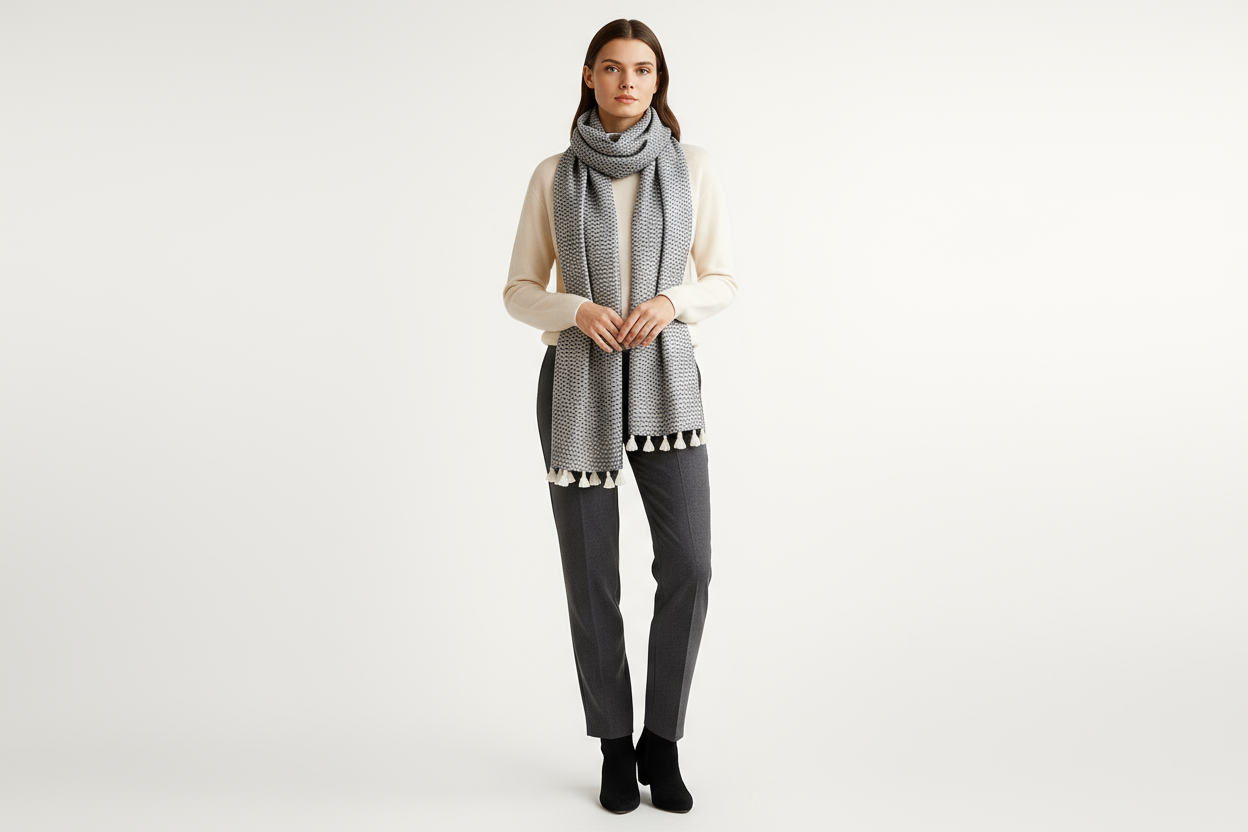 Donna con sciarpa zigzag grigia in poliestere sulle spalle