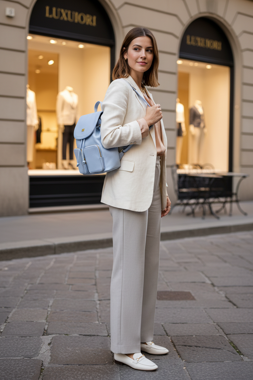 Donna elegante con zaino azzurro Enrico Coveri sulla schiena