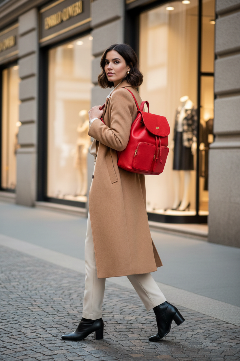 Donna elegante con zaino rosso Enrico Coveri sulla schiena