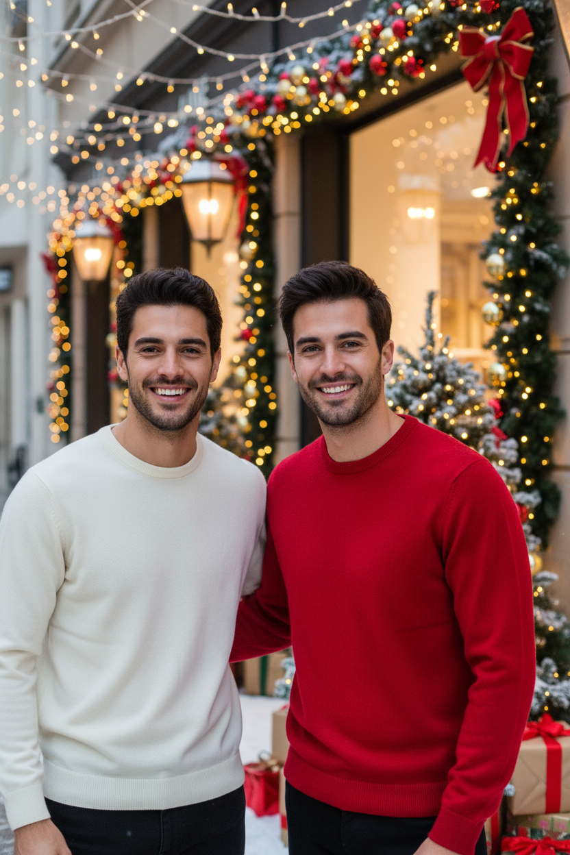 Due modelli sorridenti con maglie rossa e bianca in primo piano