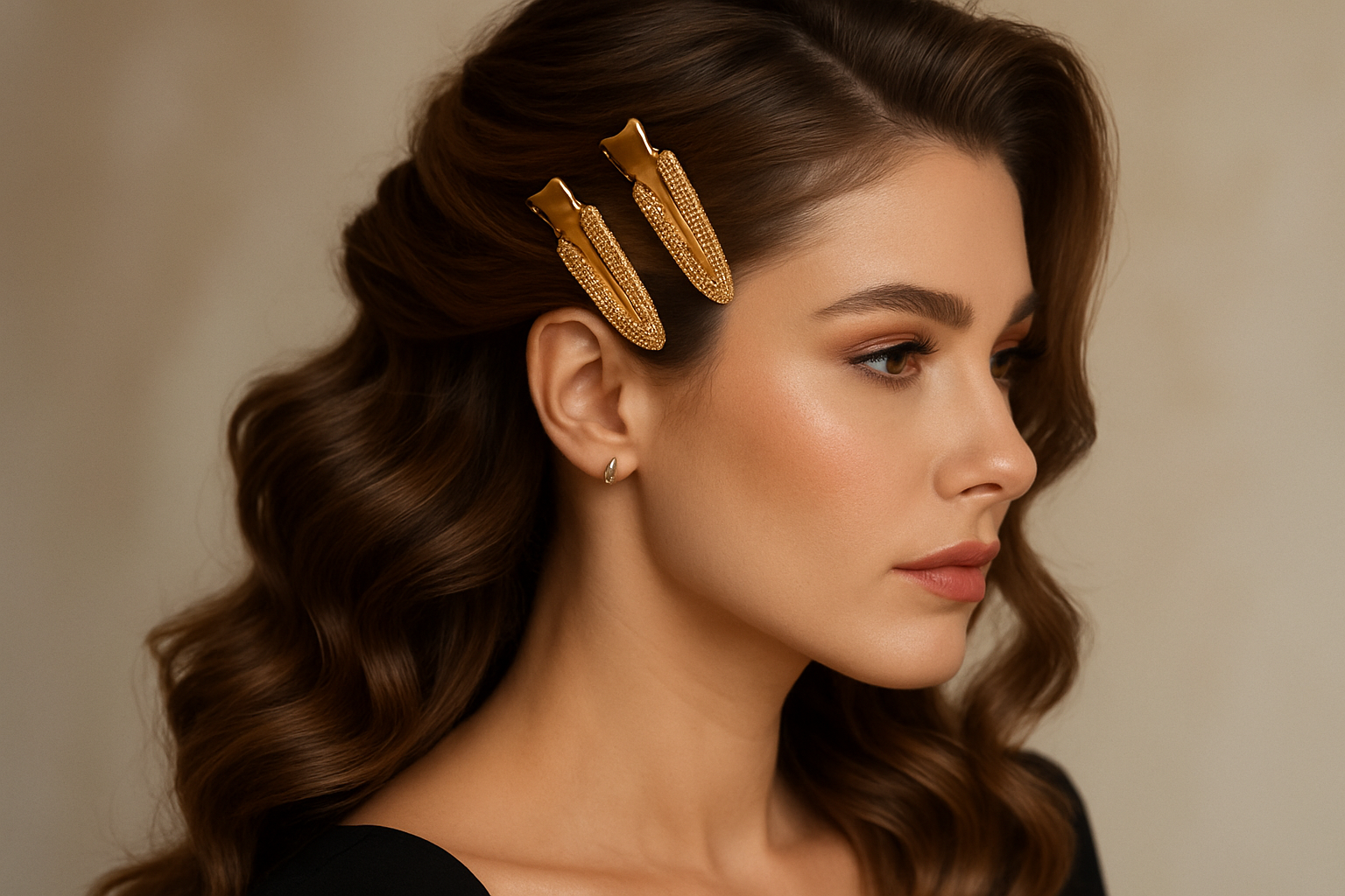 Fermagli dorati su capelli ondulati