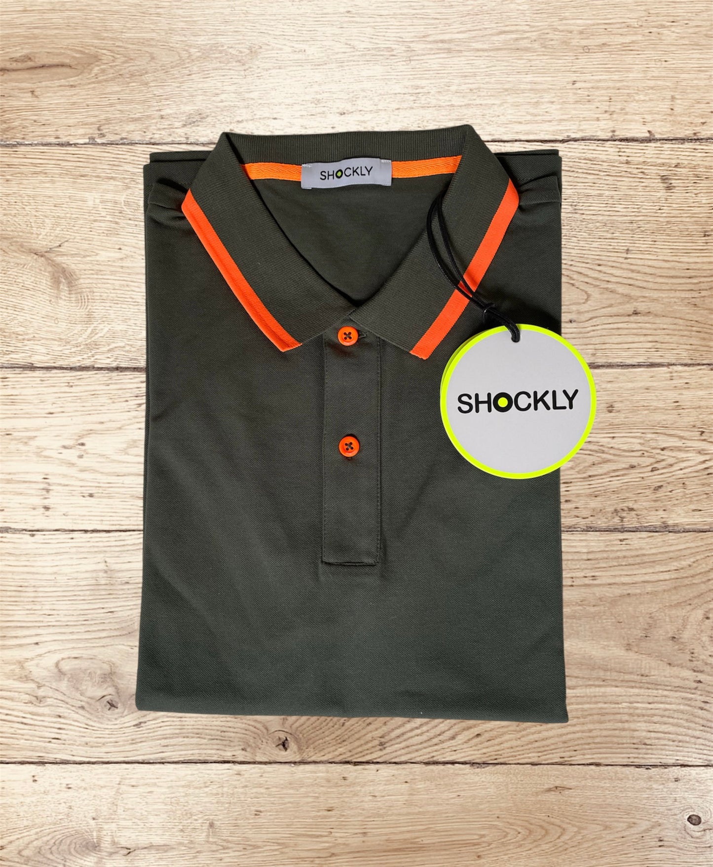 Shockly Polo Uomo verde militare SC-50% inserti Fluo manica corta