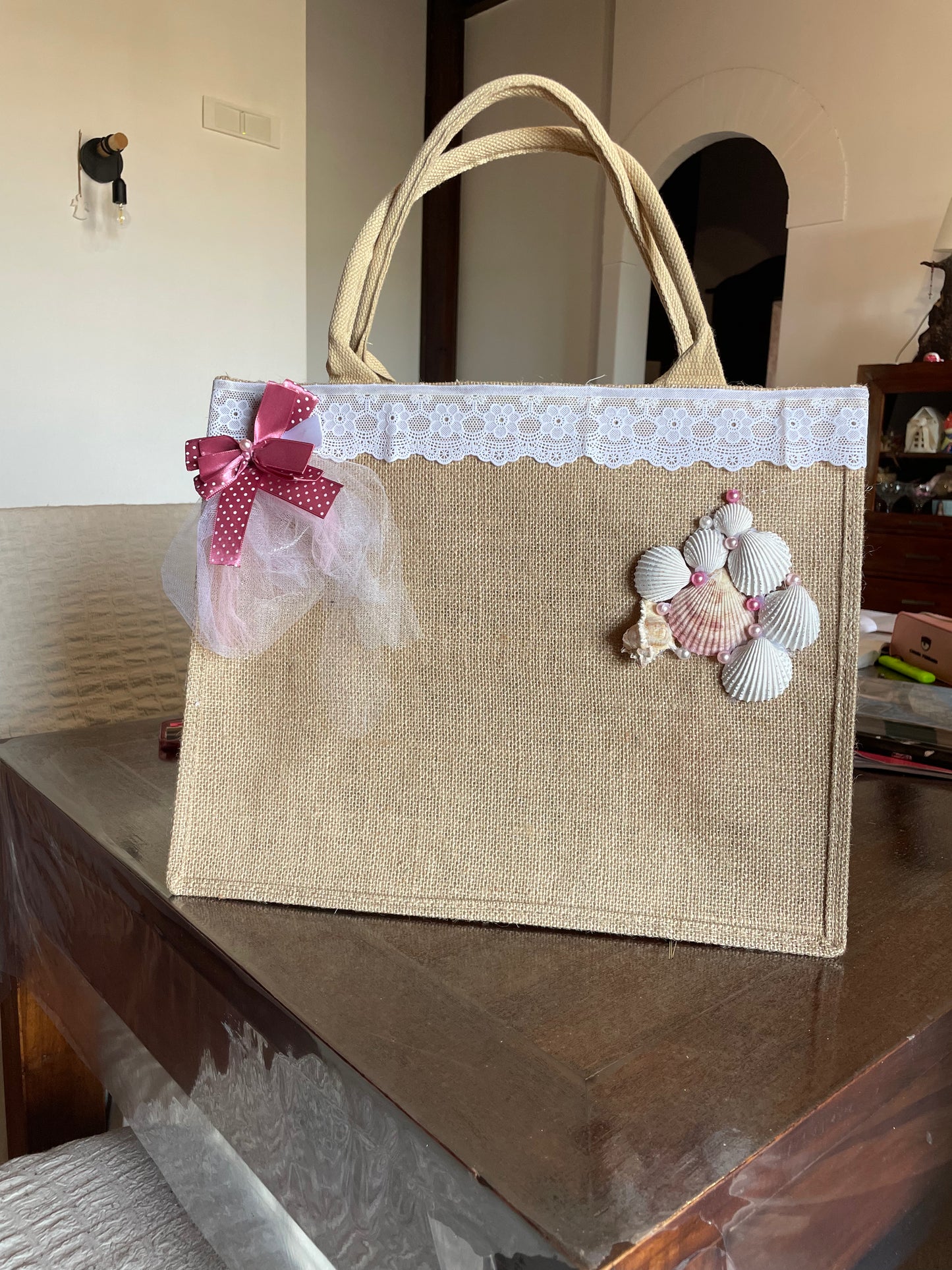 Borsa Mare Donna Maxi in juta decorato a mano