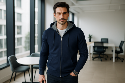 Maglia full zip con cappuccio indossata da modello moro