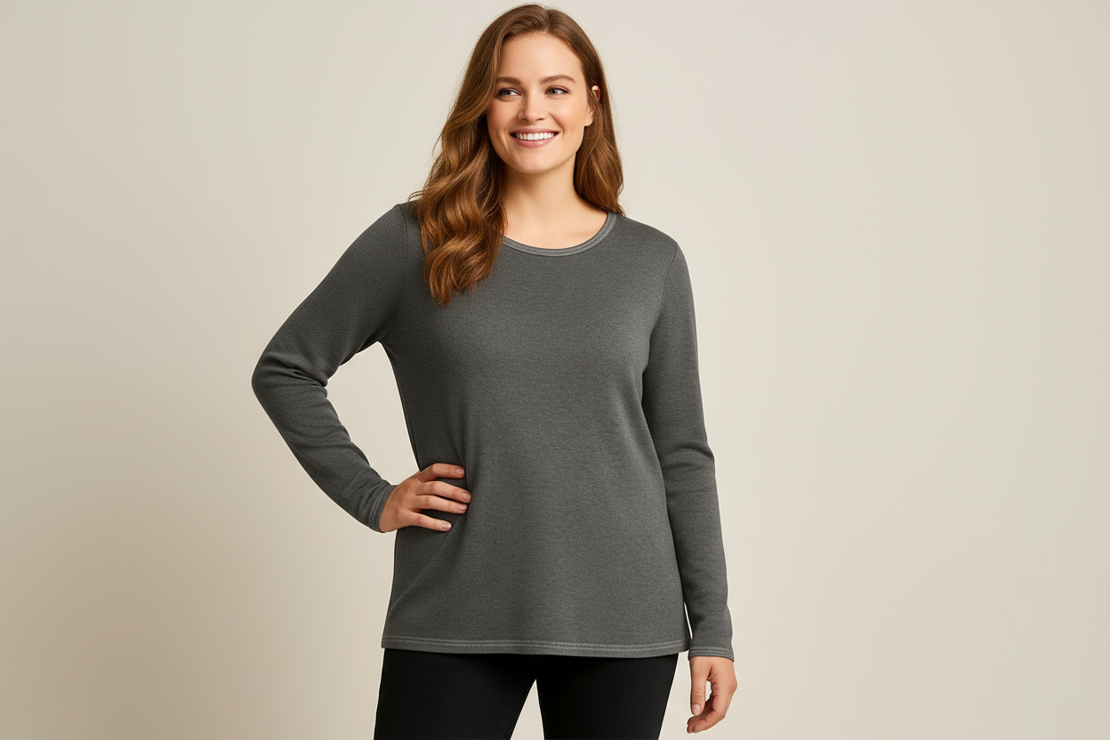 Maglia grigia donna curvy sorridente