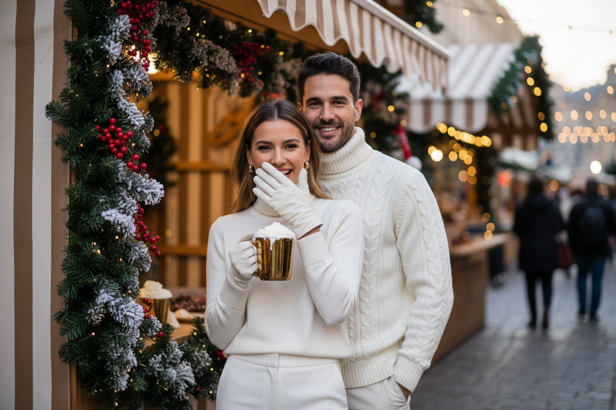Maglie dolcevita bianche in ambientazione natalizia