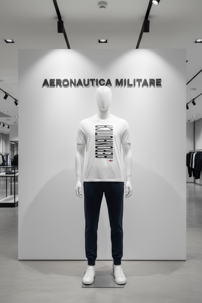 Manichino con t-shirt, pantatuta blu e scritta Aeronautica Militare