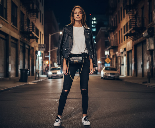 Marsupio con chiodo e jeans nero