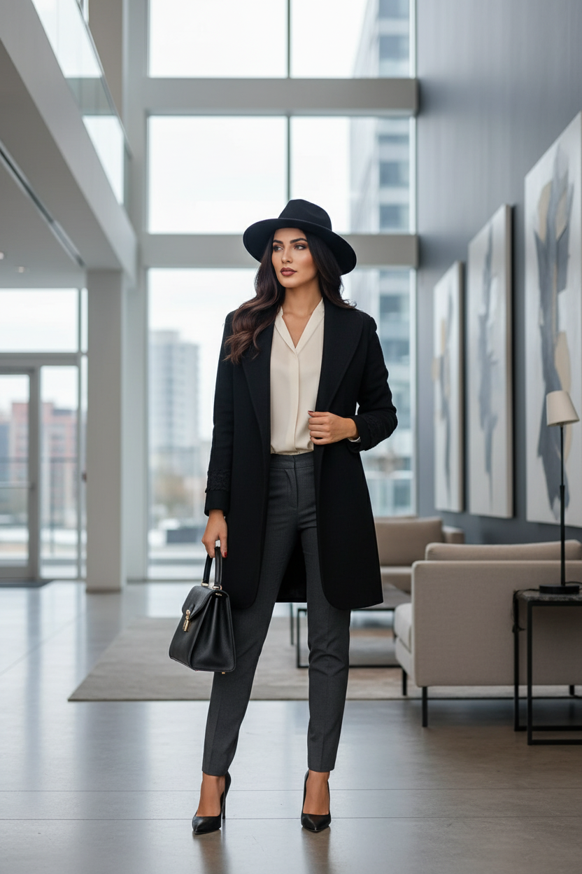 Modella elegante che indossa lo stesso cappotto della foto in ambiente professionale
