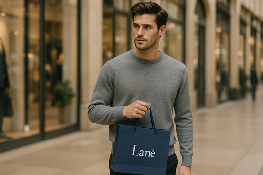 Modello che fa shopping con busta blu Lanè