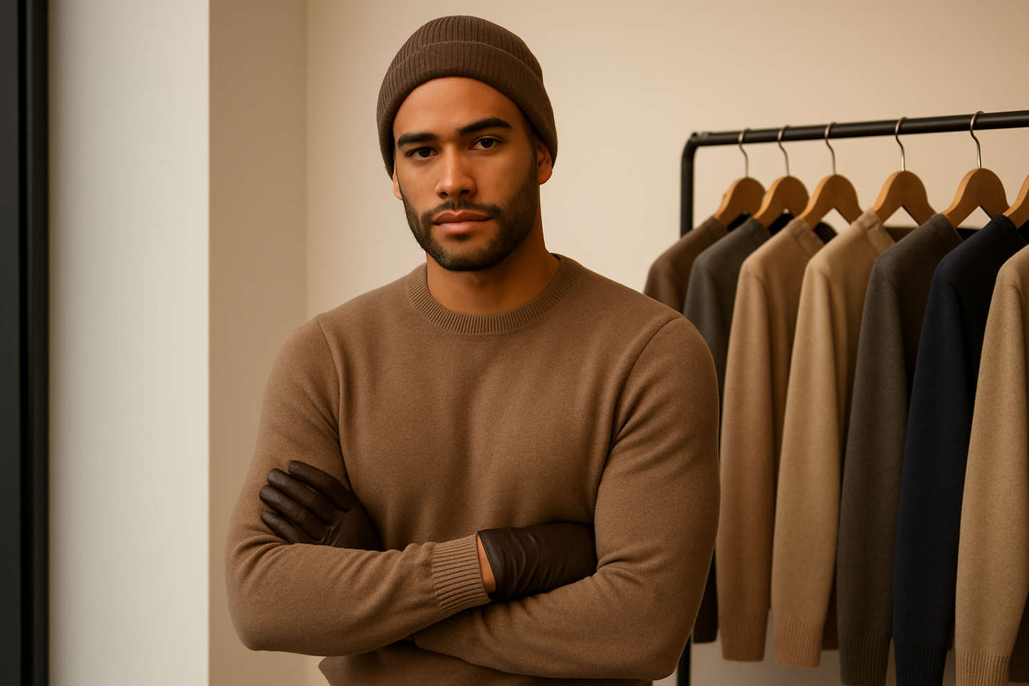 Modello con maglione beige in posa diversa