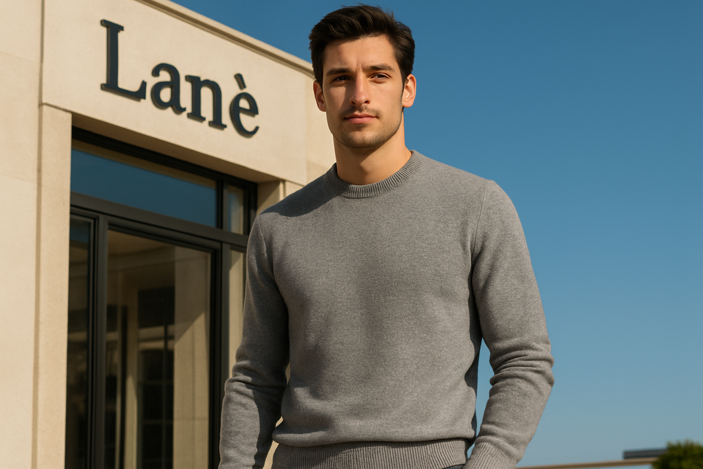 Modello con maglione grigio fuori dal negozio Lanè