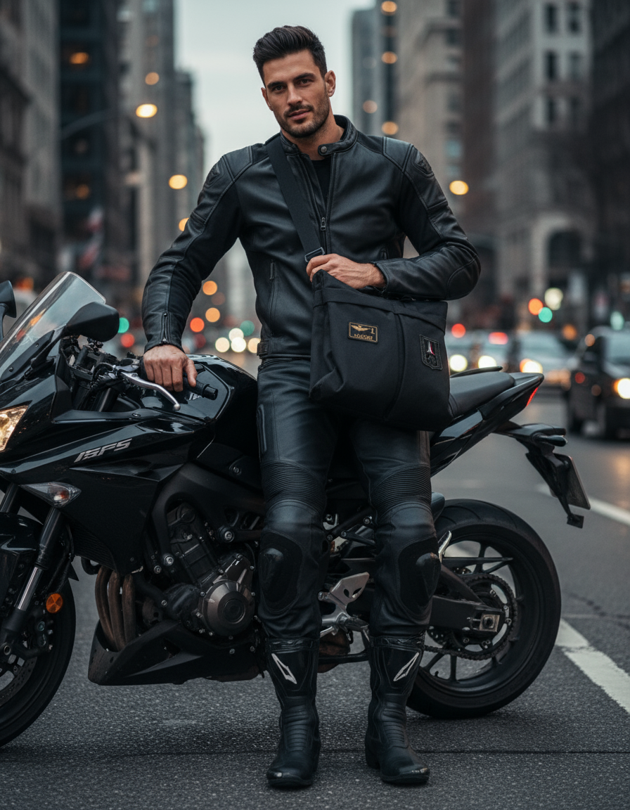 Motociclista con borsa a tracolla sulla moto