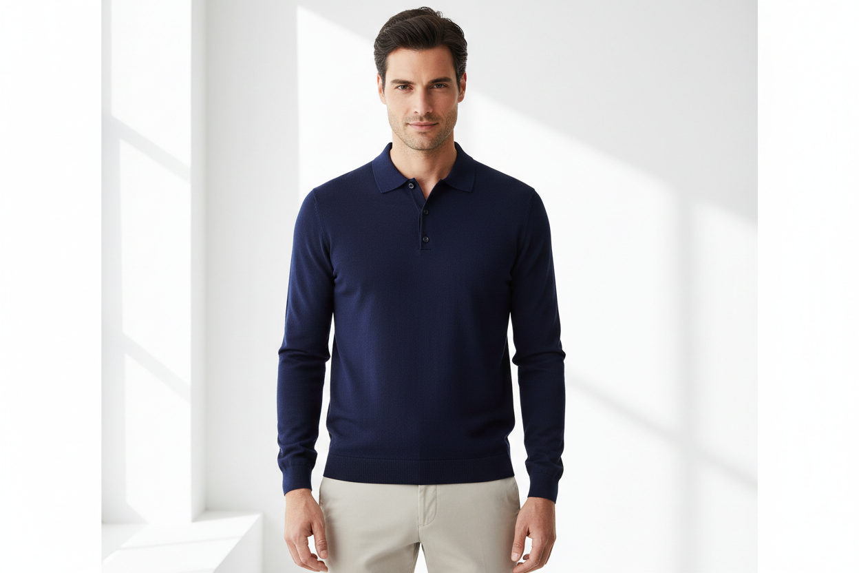 Polo blu inchiostro elegante indossata da modello
