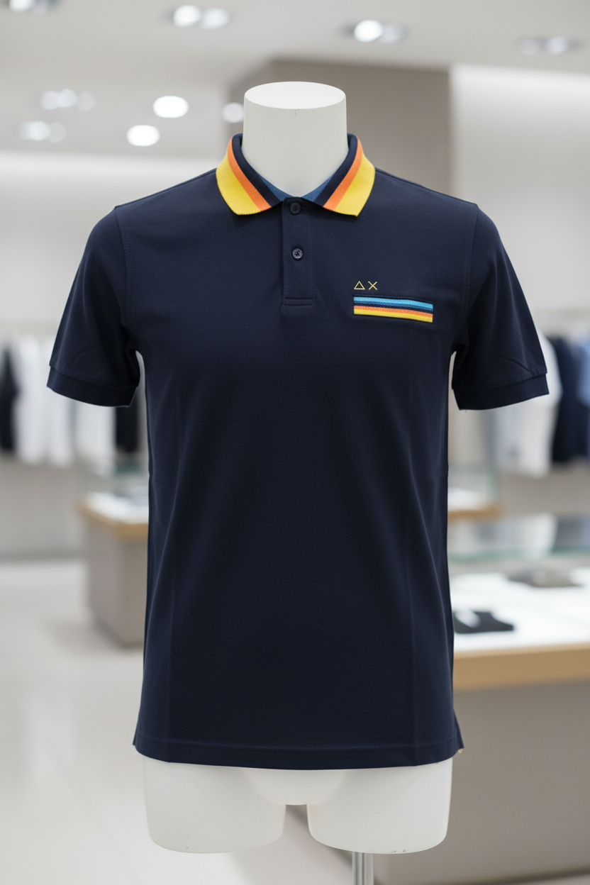Polo blu Sun68 in esposizione dettagliata