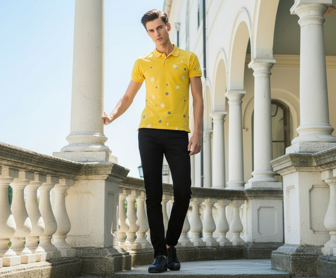 Polo gialla floreale con pantaloni neri